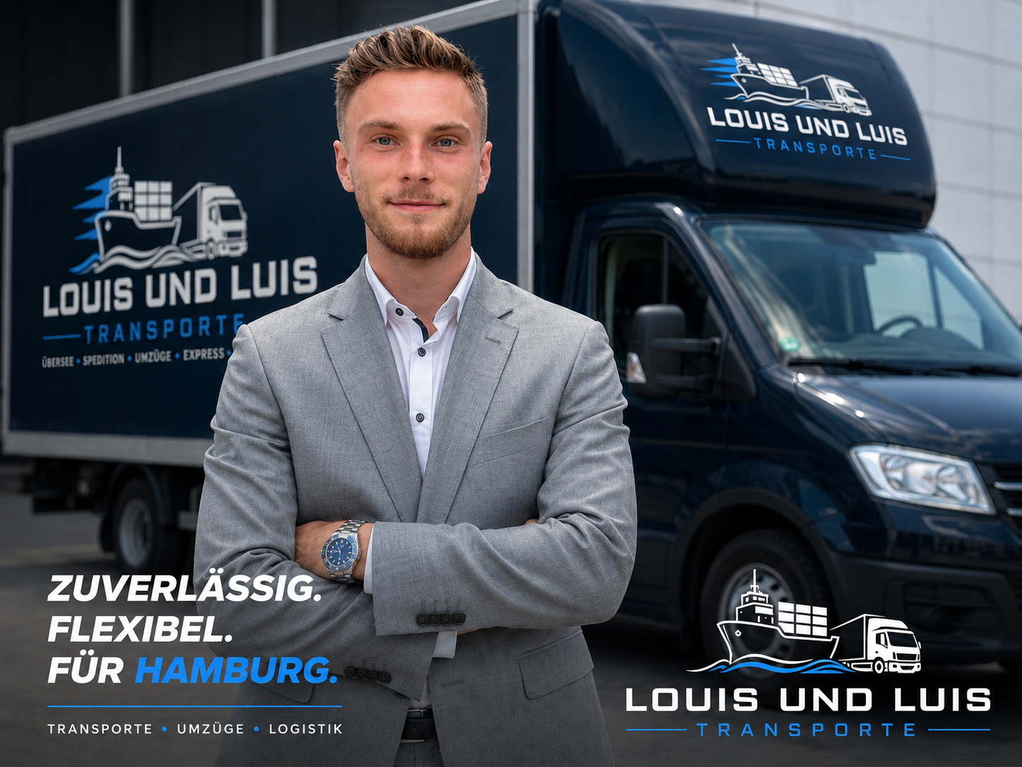 Max Luis Siegmann von Louis und Luis Transporte vor dem gebrandeten Umzugs-LKW – zuverlässig, flexibel, für Hamburg